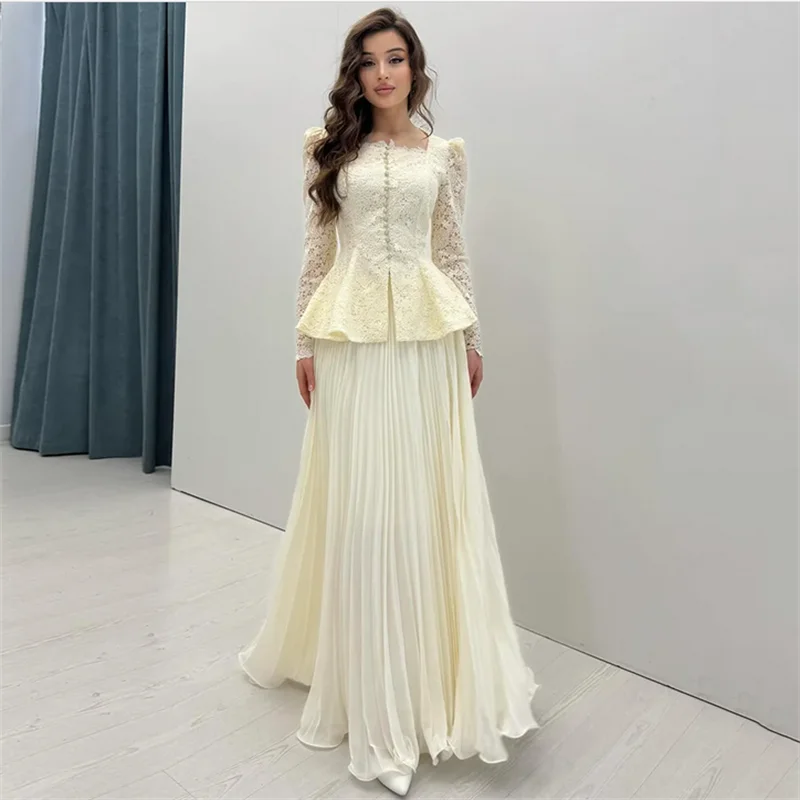 

Two Pieces Arabian Evening Dress Customized Square Neck Full Sleeveless Lace Pleat Chiffon A Line Prom Gown Party Dresses