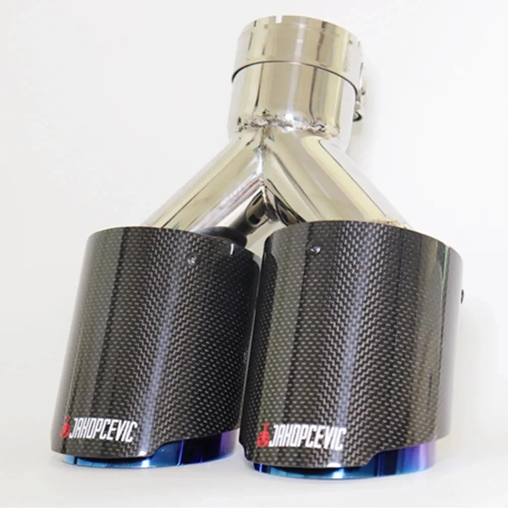 Y Pipe Dual Exhaust Tips Car Universal Glossy Carbon Fiber Blue Stainless Double Exit Exhaust Pipes Muffler Tailpipe