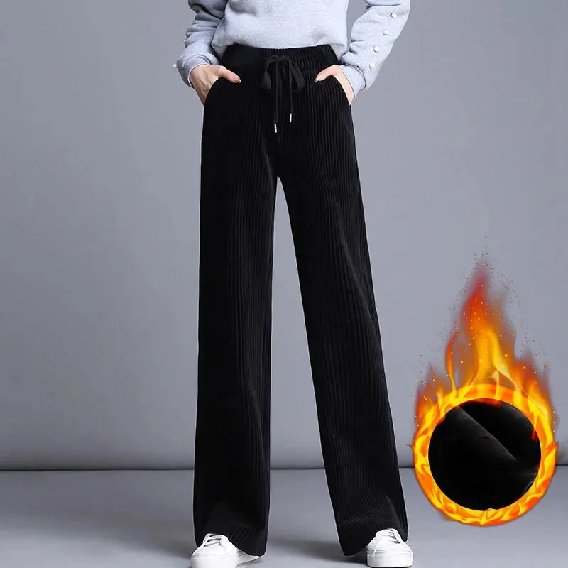 Oversize 4xl Thick Winter Baggy Trousers Casual Warm Plus Velvet Wide Leg Pants Women Ankle Length Elastic High Waist Pantalones