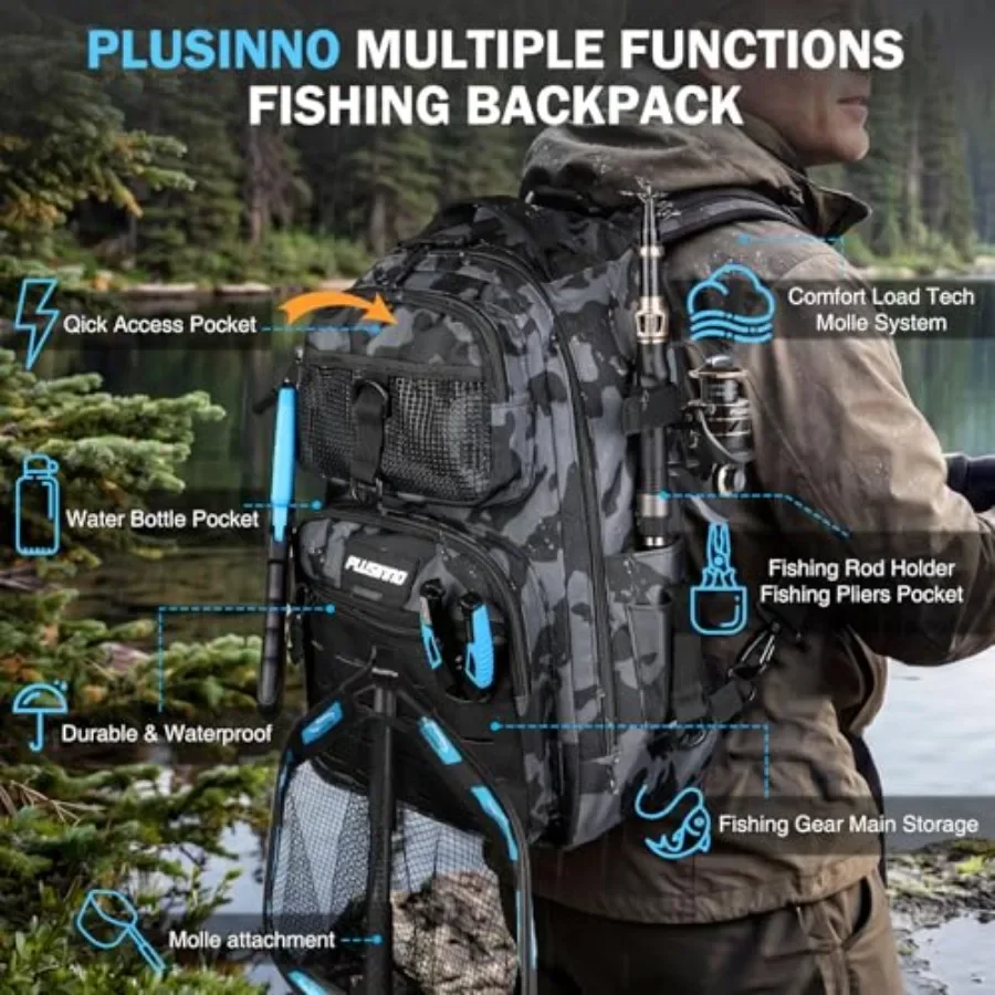 Fishing Backpack for Outdoor Use, Waterproof Polyester in Camo Green with Rod Holders, Tackle Box, Lures, Tools, Pliers Accesso