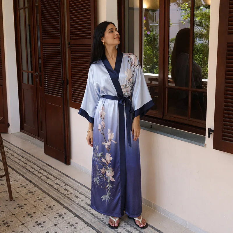 Luxury Satin Morning Gown Women Spring Autumn Long Sleeve Bathrobe Elegant Female Kimono Robe Sleepwear Ladies Home Loungewear