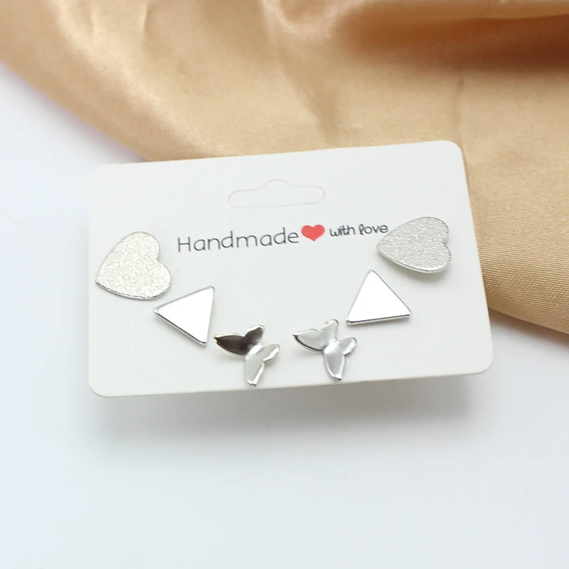 New 3Pairs Heart Butterfly Triang Alloy Jewelry Set Stud Earring for Women Korean Style Sweet Temperament Brincos Wholesale Gift