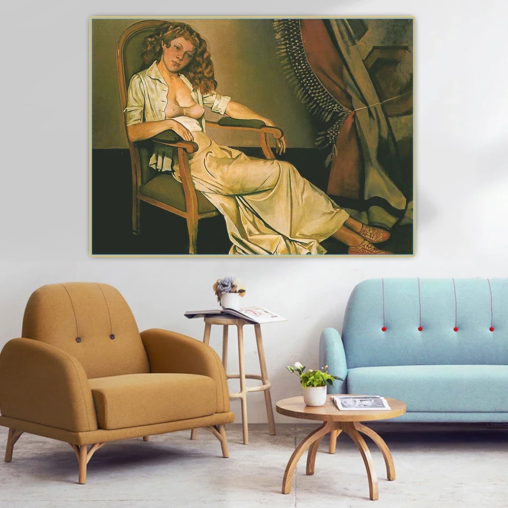 Citon Balthus《The white skirt》Figurative Canvas Oil Painting Art Poster Picture Wall Decor Modern Home Living room Decoration