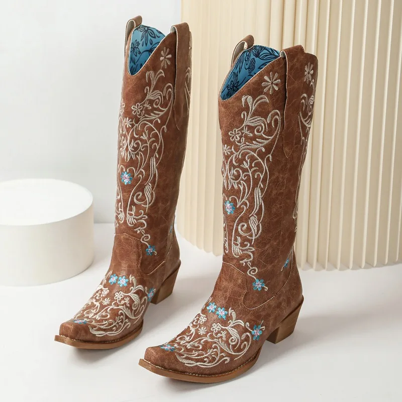 Embroidered Western Denim Vintage Knight Thigh Boots New Vintage Women's Square Heels