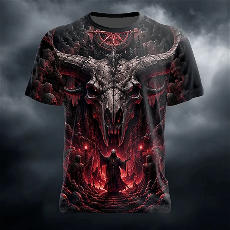 Men's New Summer Fashion Trend Round-Neck T-Shirt Giant Ram Skull Castle Wizard Dark Magic Hell Halloween-Themed Short-Sleeve