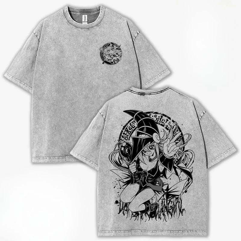 Yu-Gi-Oh Dark Magician Girl Print T-shirt Vintage Washed T Shirt Men Women Harajuku Anime Short Sleeve Oversized Streetwear Tops