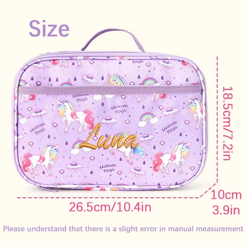 Custom Embroidery Kids Insulated Lunch Bag Unicorn Print Portable Thermal Bento Cooler Tote School Picnic Lunch Box Bag Gifts