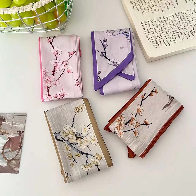 2026 New Arrival Women Plum Blossom Print Skinny Satin Scarf Elegant Hair Bandana Neck Scarves Bag Handle Ribbon Spring Summer image 3