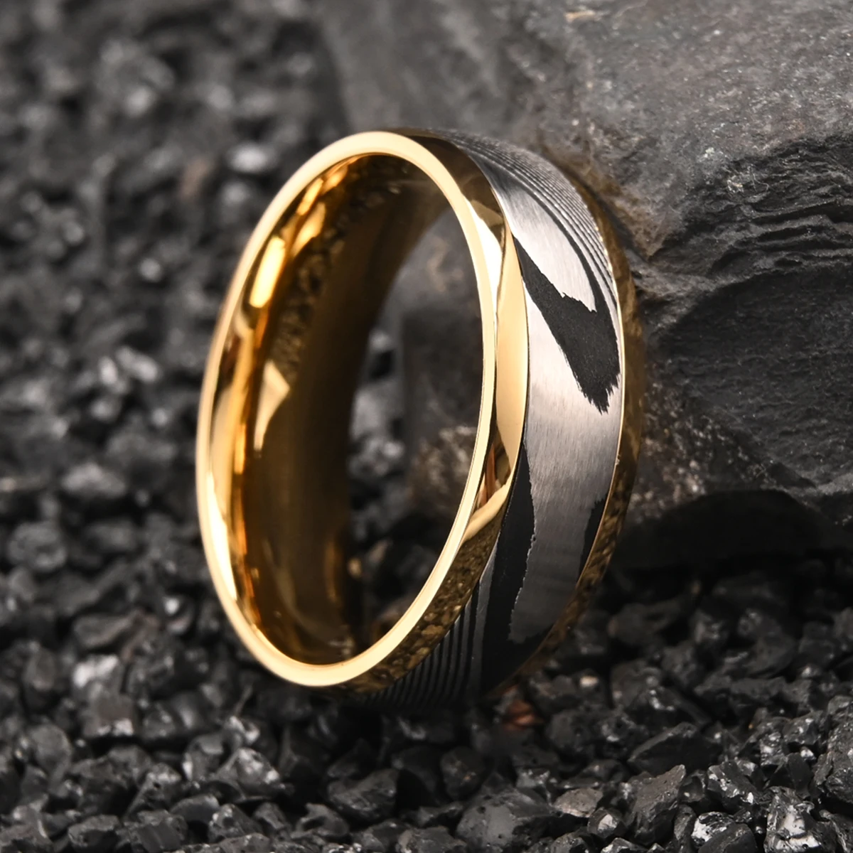 8MM Goldfarbener Damaszener Stahlring für Herren, Modeschmuck, Herren-Eheringe, Verlobungsringe, Versprechensringe, edle Geschenke, bequemer Sitz – Detail 5
