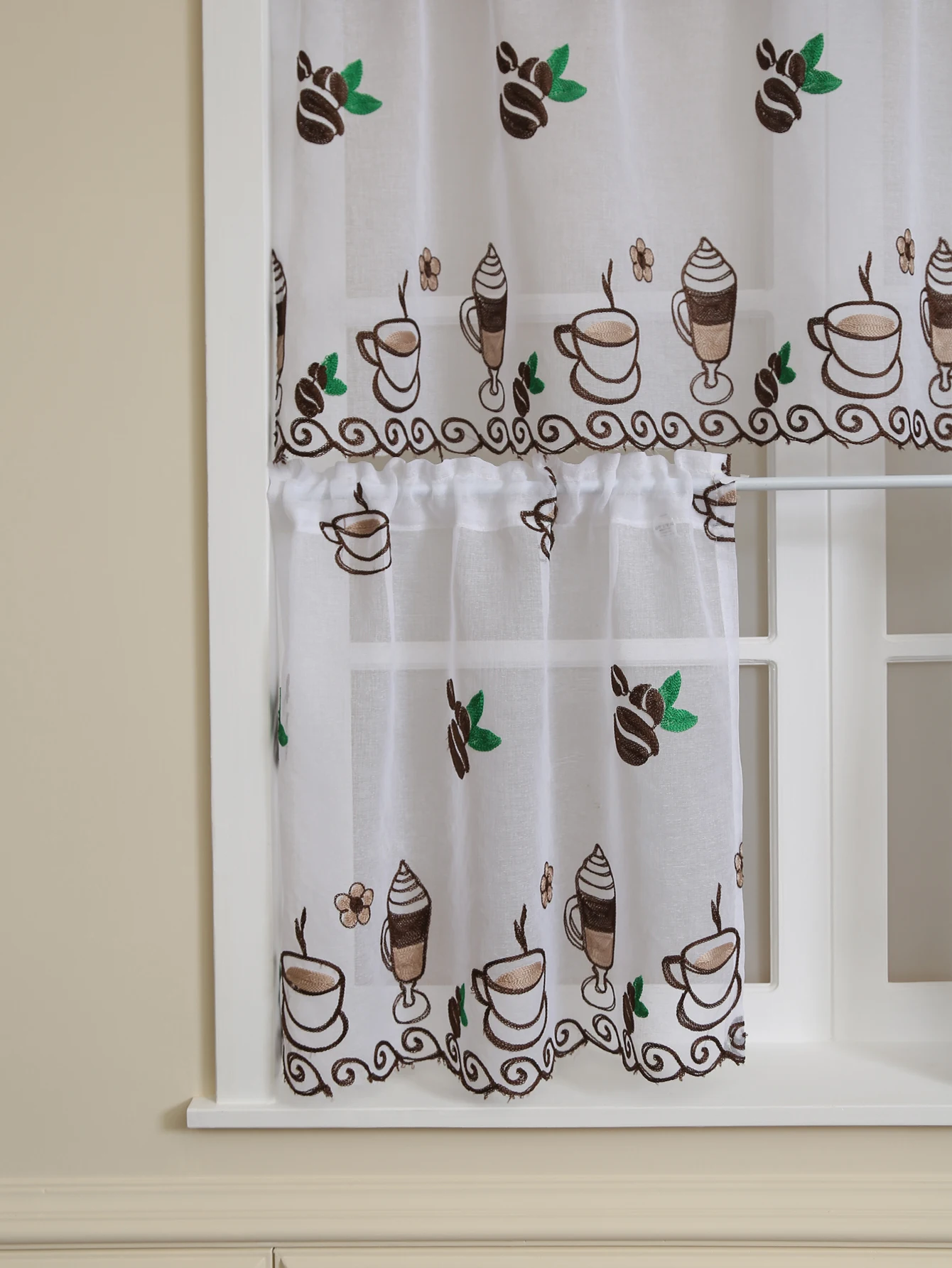 1PC Coffee Bean Embroidery Short Curtain, Coffee Shop Living Room Tulle Window Decorative Short Curtains Small Curtains