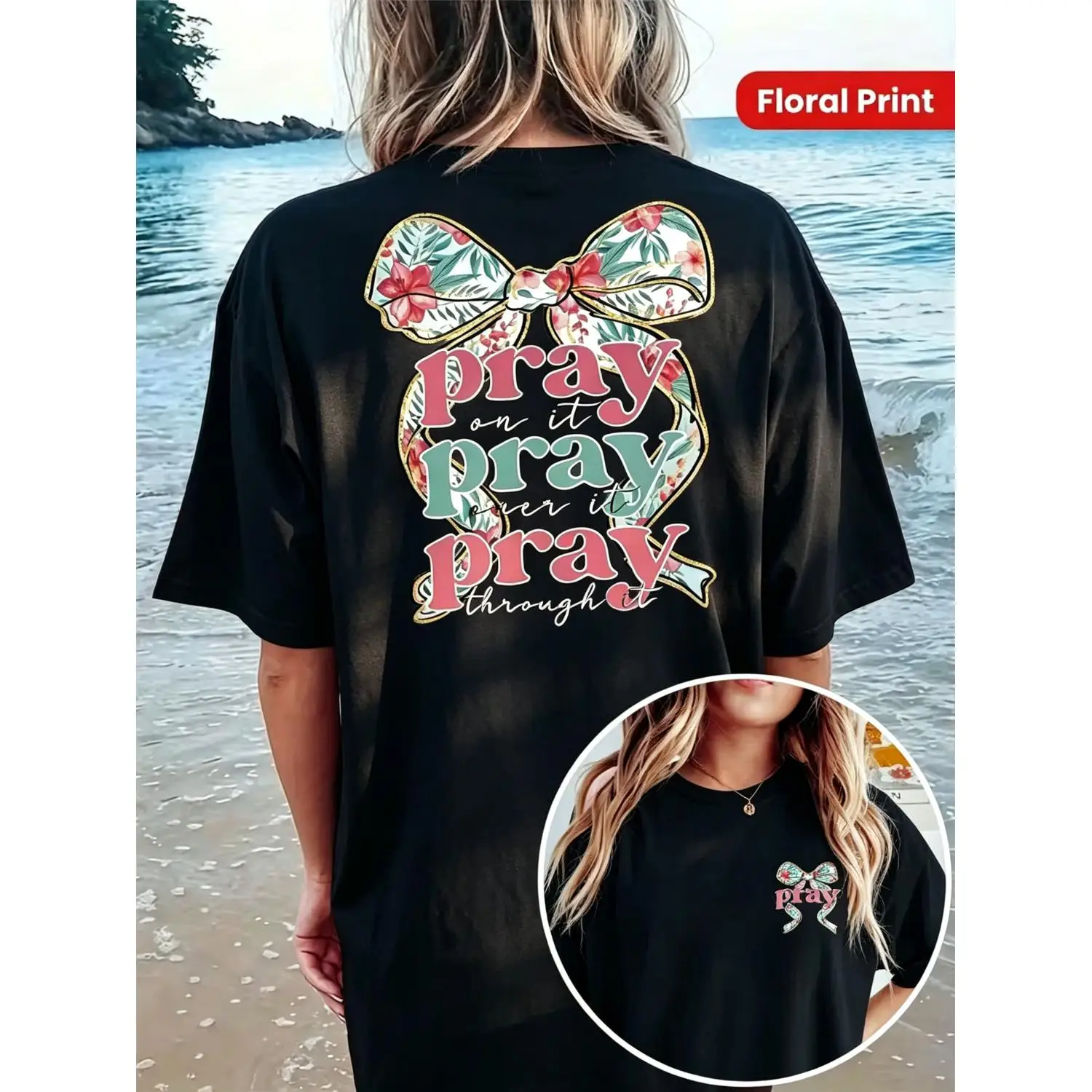 Women's Plus Size Casual Bow & Floral Print T-Shirt - 