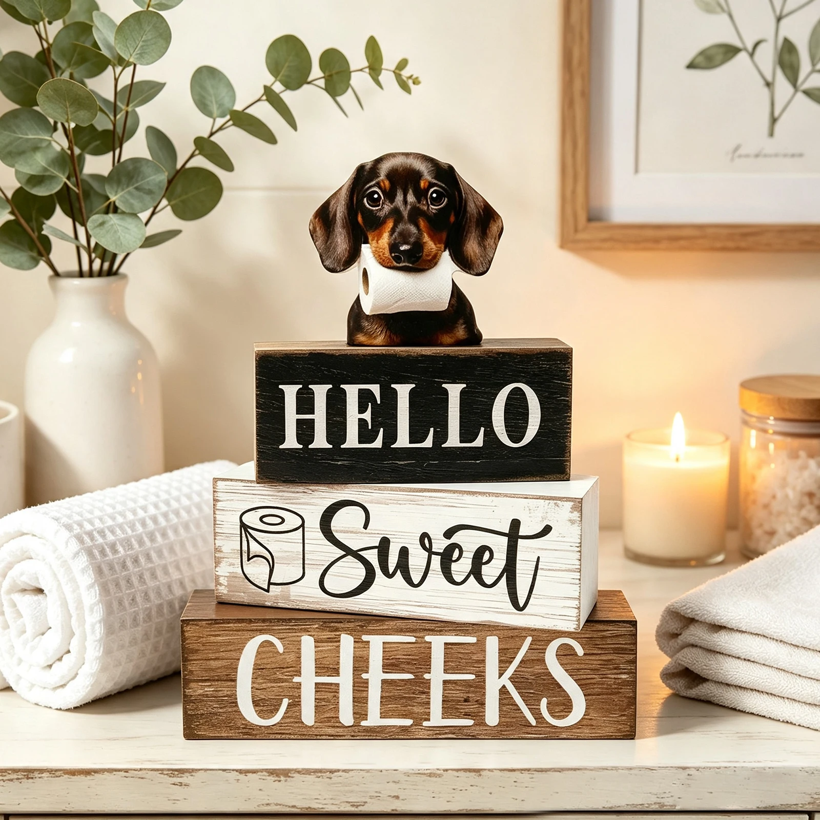 1Set Cow/Dog Hello Sweet Cheeks Decor Sign Wooden Ornament Decor Self Standing Hello Sweet Cheeks Decor Sign for Home Decoration
