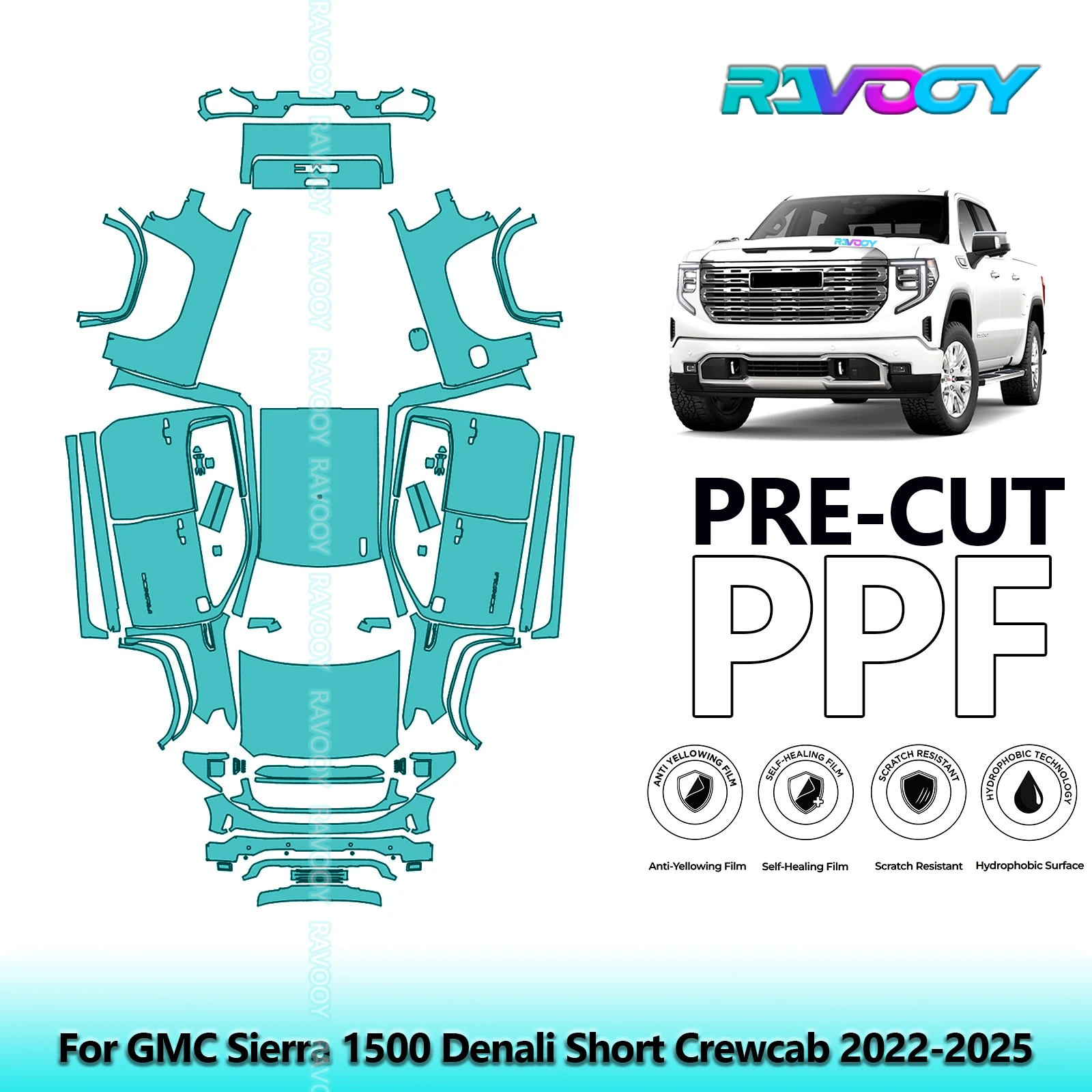 Car Precut PPF Paint Protection Film Full Vehicle For GMC Sierra 1500 Denali Short Crewcab 2022-2026 8.5mil Clear Bra TPU