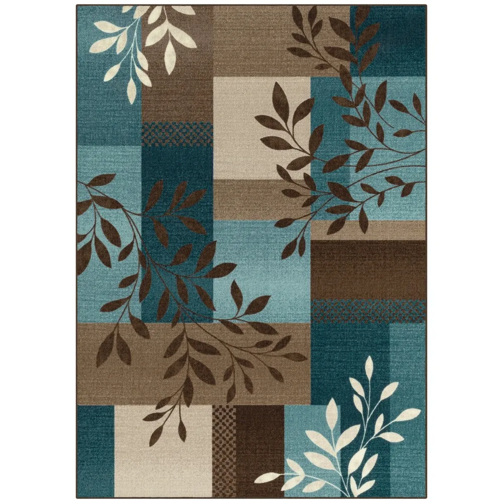 

Traditional Leaf Block Blue Brown Print Indoor Area Rug, 4'x5'4