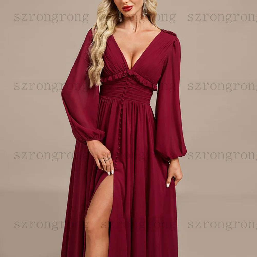 التخصيص الخامس الرقبة فساتين السهرة الطية الجانب الشق كم كامل ثنيات Ruched الشيفون فستان حفلات بسيط طويل فستان وصيفة الشرف