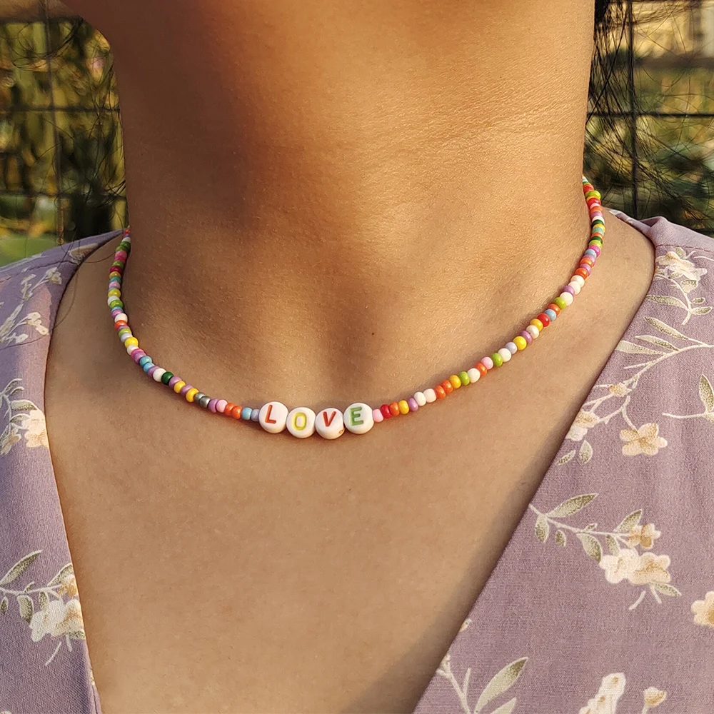 ZX Boho Handmade Colorful Beaded Chain Chokers for Women Letter Baby Love Angel Beads DIY Short Necklace Wholesale Jewelry Gifts