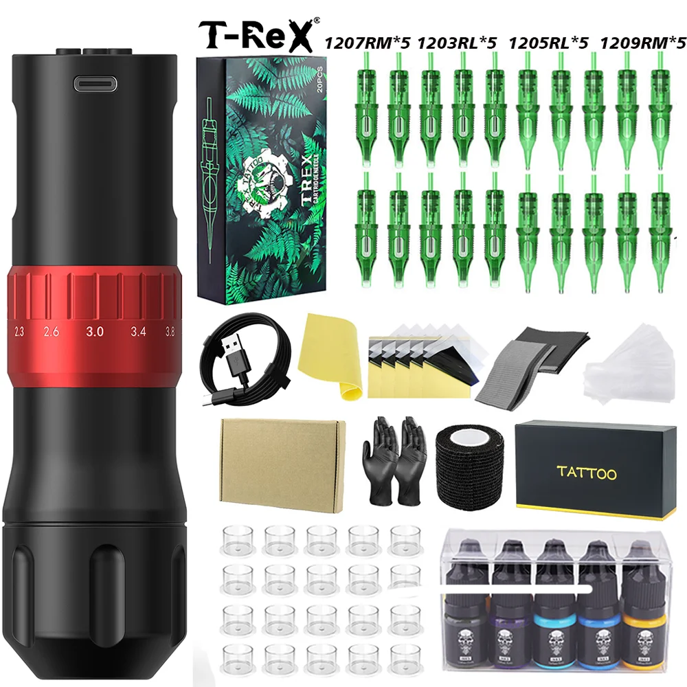 

Tattoo Kit T-rex High Quality Wireless Tattoo Pen Kit, Adjustable 7 Segment Stroke Tattoo Pen 1600mA Tattoo Power Tattoo Gun Kit