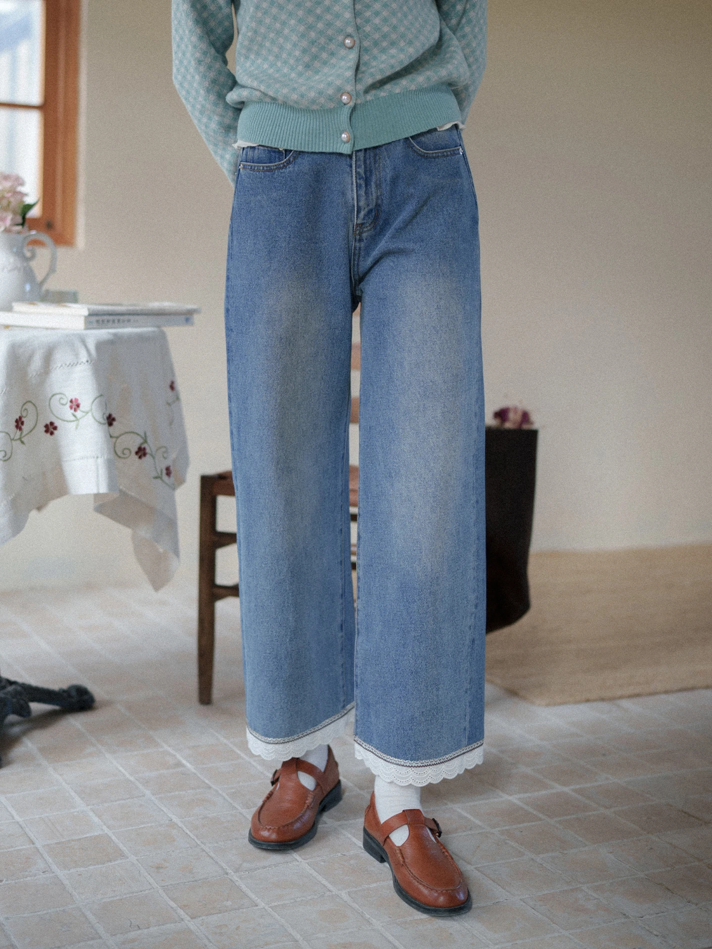 

Retro MarchNoon Patchwork Lace Waed Blue Jeans Loose Straight Leg High Waist Cotton Ladies Straight Leg Jeans