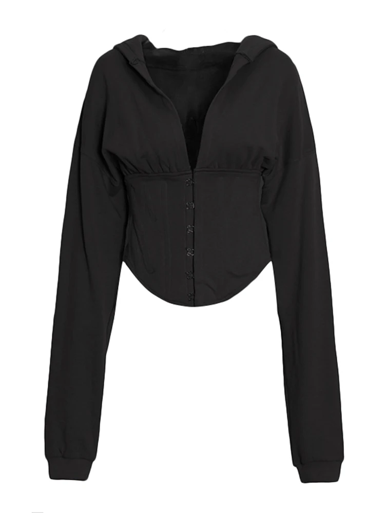 VGH Solid Patchwork Lace Up Casual Sweatshirts For Women Hooded Long Sleeve Temperament Sunic Sweatshirt Female Fashion Style