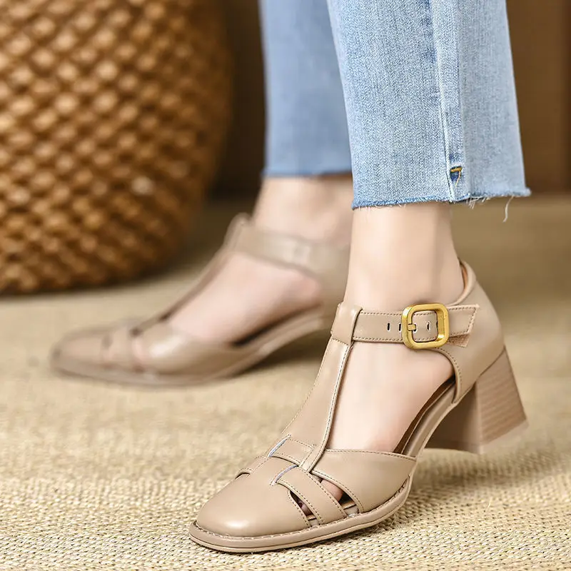 Neue 2026 Mode Echtleder-Sandalen für Damen mit Dicken Hohen Absätzen Büro-Kleiderschuhe Sommer-Damenschuhe Elegantes Schuhwerk – Detail 6