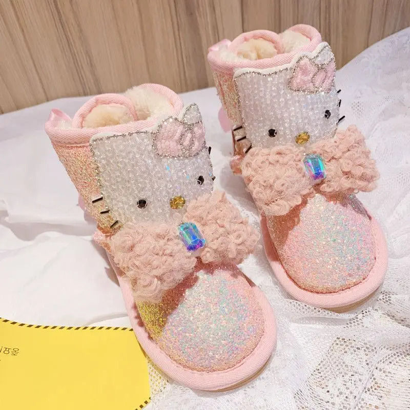 Sanrios Child Short Boots Hello Kittys Winter New Rhinestones Bow Tie Girl Fashion Velvet Keep Warm Soft Bottom Cotton Shoes