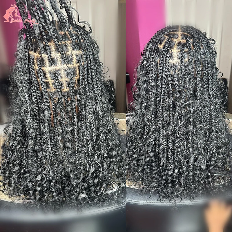 Sintético curto Bob trançando perucas de cabelo, perucas trançadas sem nós, deusa Bohemian Curly Braid peruca, transparente 360 perucas cheias do laço, caixa