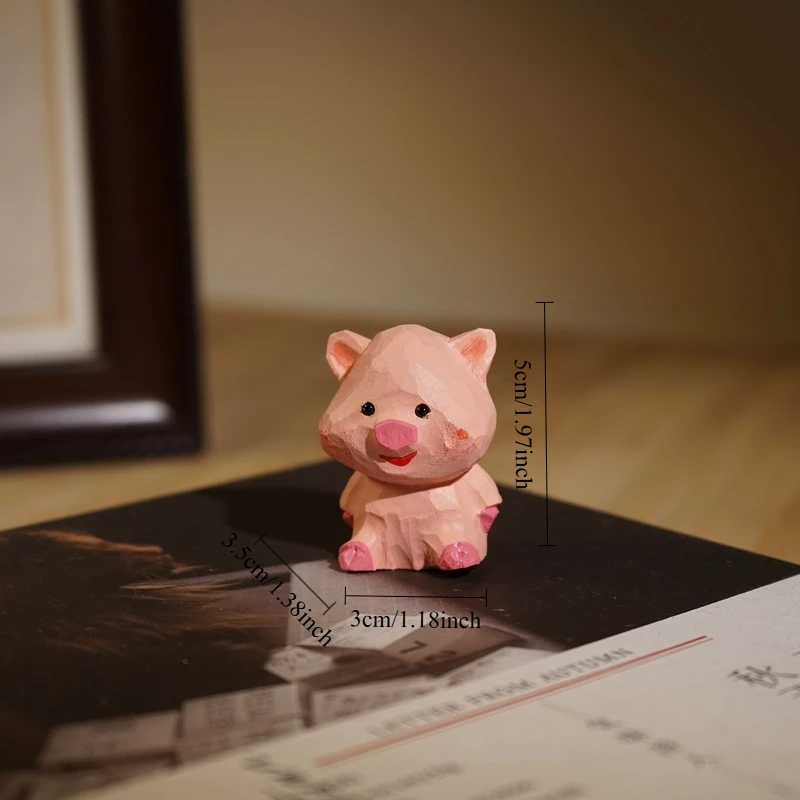 1 PC Pink Swine Hand Carved Wood Timber Sculpture Delicate Pig Statue Cute Animal Figurine DIY Bonsai Wooden Creature Ornament