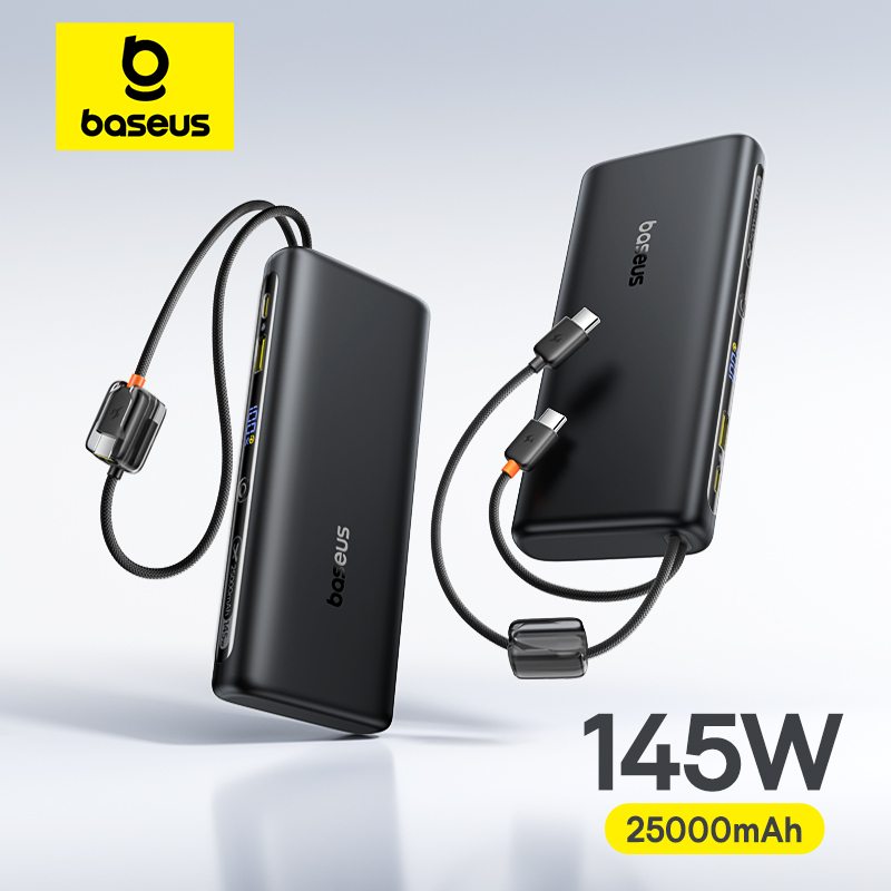  Baseus 25000mAh 145W Power Bank Built-In Dual USB-C Cable Fast Charge Digital Display Power Bank For Mac iPhone Samsung 