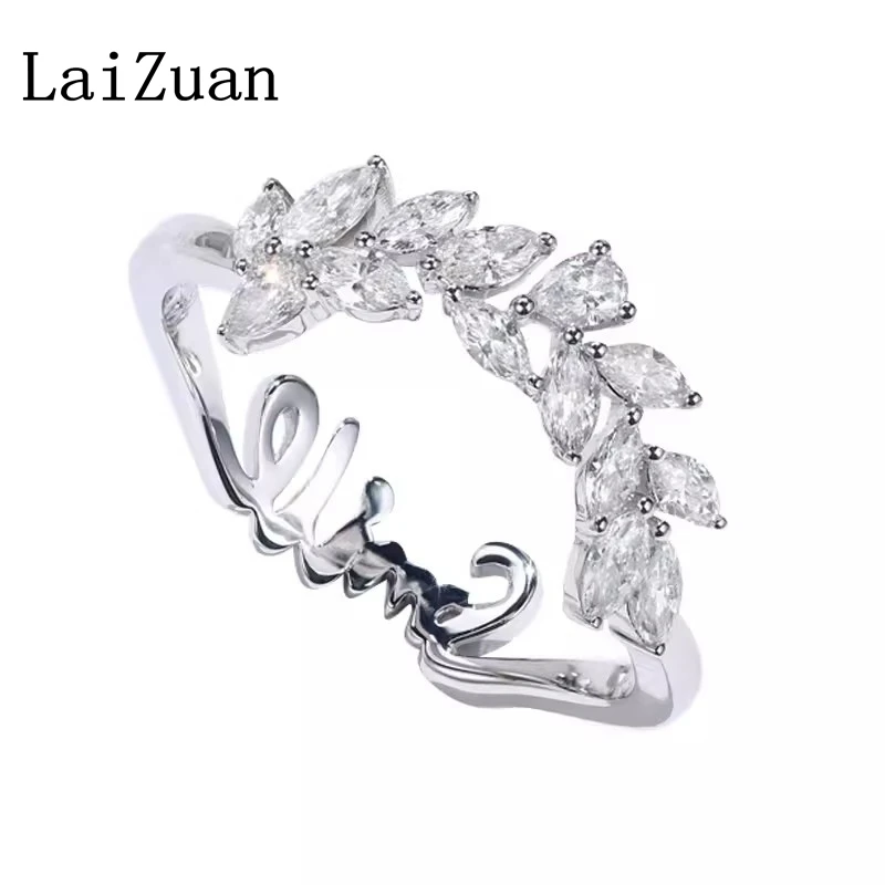 LaiZuan Solid 18K White Gold Curved Natural Diamonds Ring Unique Marquise Cut Diamond Ring Bridal Stacking Matching Promise Gift