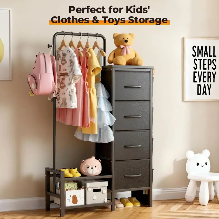 Cómoda con estante colgante, 4 cajones, 4 bolsas laterales, cómoda de tela con estantes inferiores, 52 perchero alto para mujer