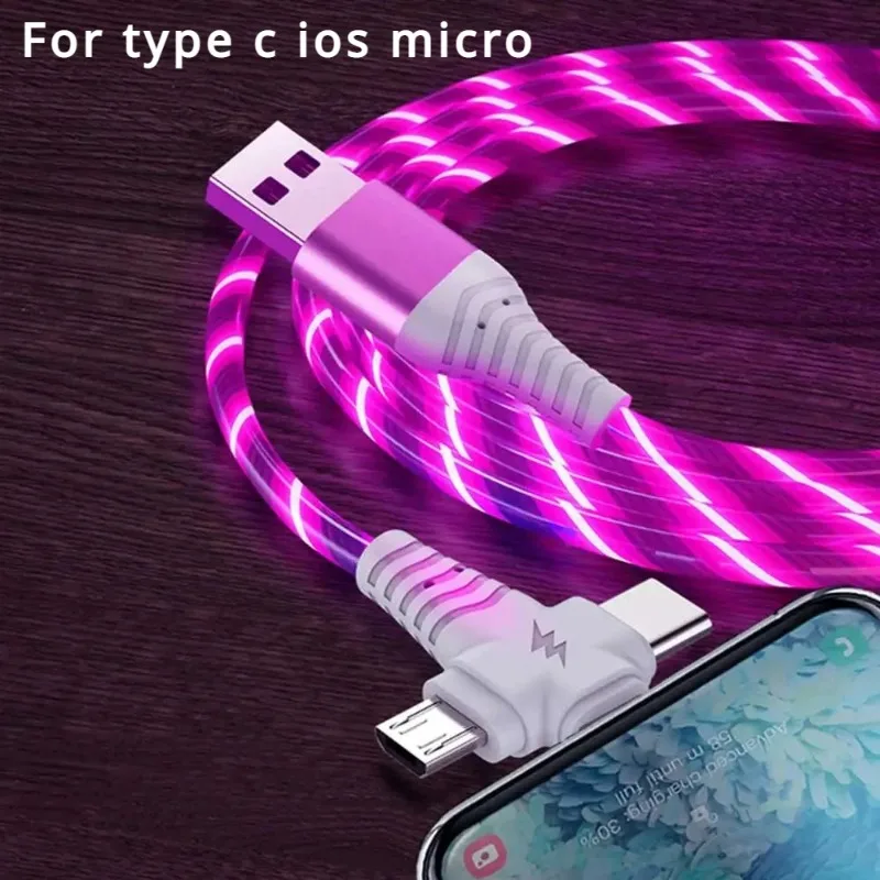 

Glowing LED Light 3in1 Fast Charging Cable Flowing Light Up Data Cord Line Micro USB Type-C Connector