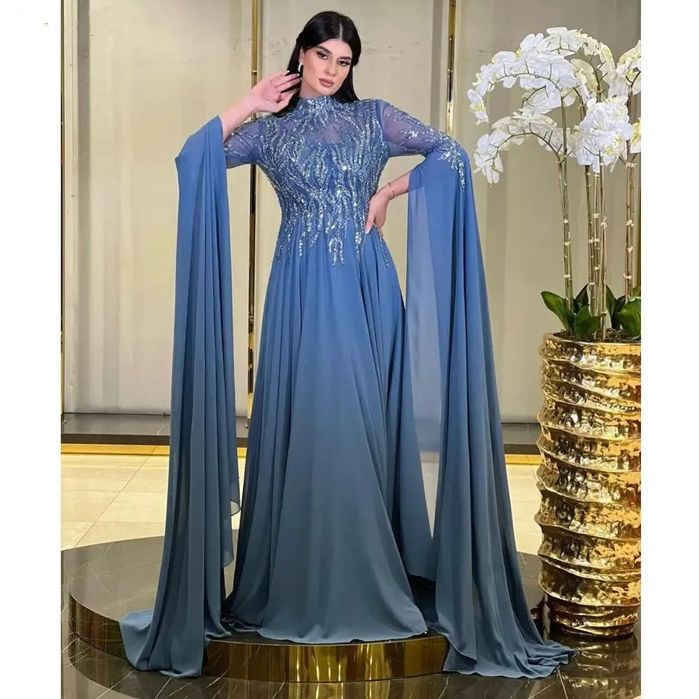 Romantic Green Chiffon Dubai High Neck Sequined Evening Dress A-Line Long Sleeves Applique Saudi Arabic Formal Party Gown