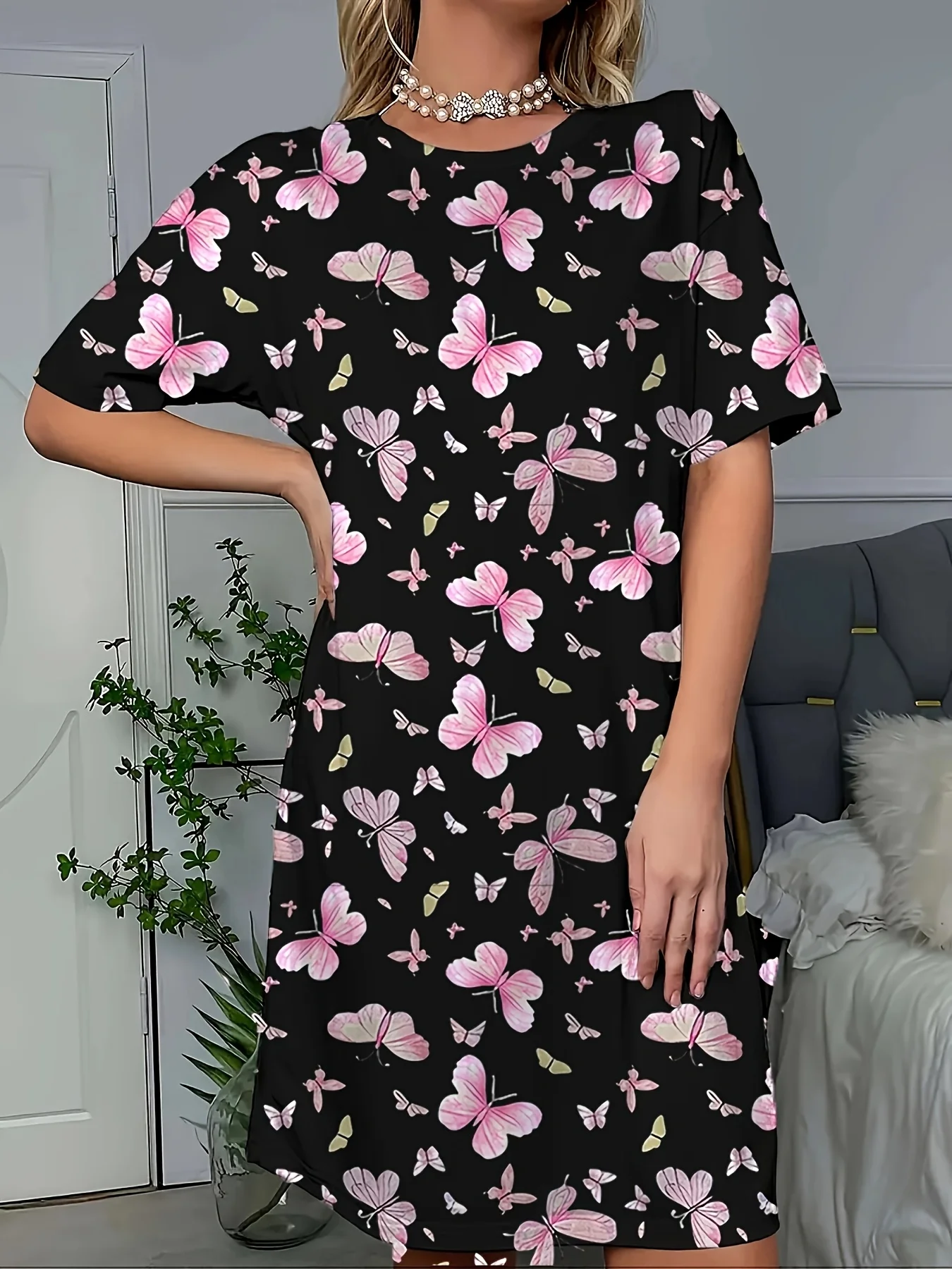 Abito da donna con stampa farfalla e motivo floreale multicolore Abbigliamento da donna Girocollo Manica corta Indumenti da notte Y2k Abbigliamento Top