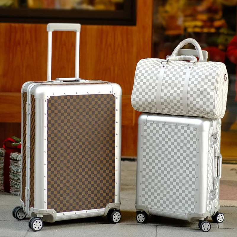 Aluminium Alloy Trolley Case High Quality Luggage Set 20 Inch Boarding Box Silent Wheel TSA Lock Checkerboard Grid Travel Bag