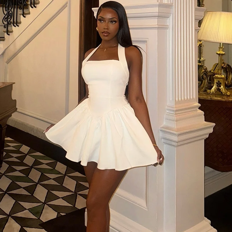 Doyerl Halter Backless Senza spalline A-line Abito bianco Donna Sexy Night Club Party Corsetto senza maniche Ruffles Compleanno Mini abiti