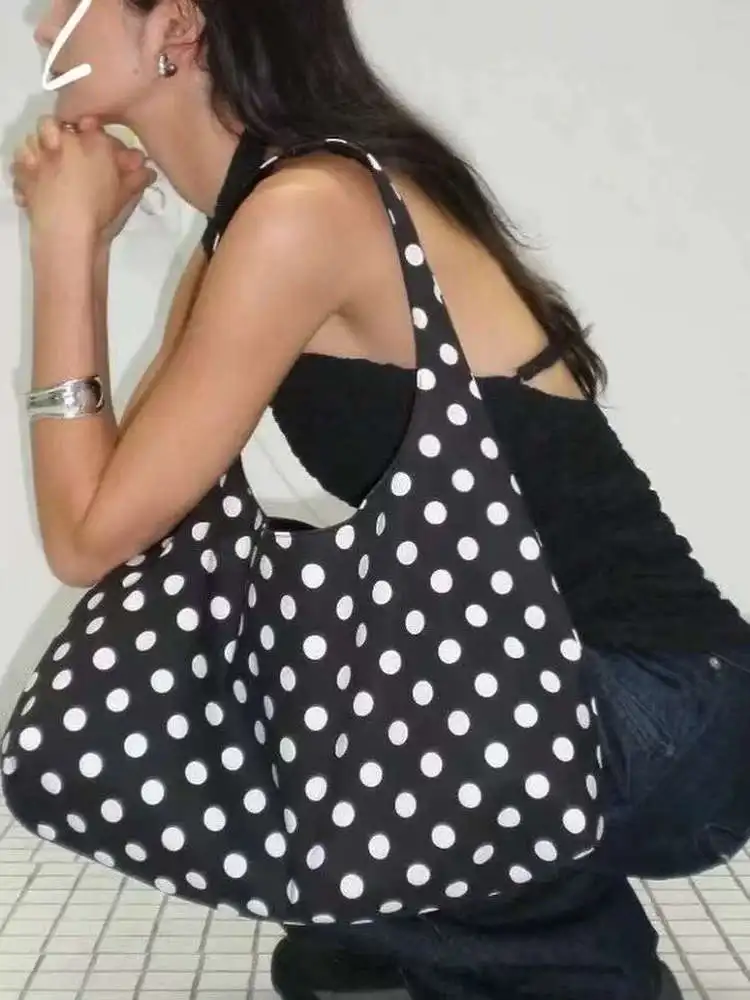 

Black White Polka Dot Tote Bag Fashion Versatile Large Capacity Single Shoulder Bags