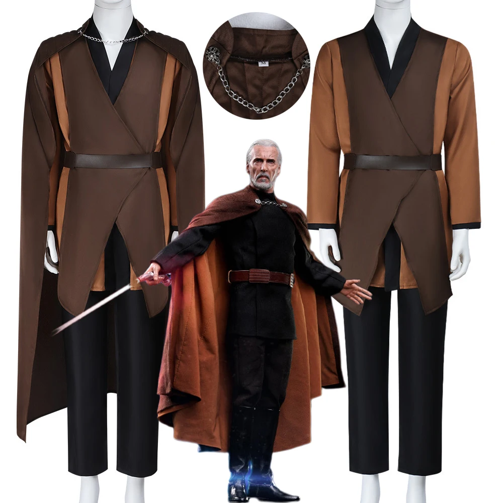 

Костюм для косплея Count Dooku, боевой костюм джедая, коричневый плащ, топ, брюки Dooku, полный комплект, мужская одежда для Хэллоуина, карнавала, косплея