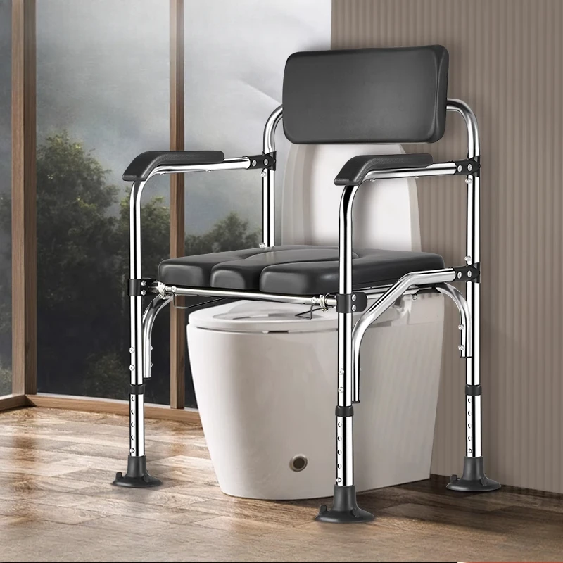 Folding Stainless Steel Commode Chairs Shower Seat Curved Backrest Toilet Chairs Toilet Support for Elderly Mobile Bath Chair