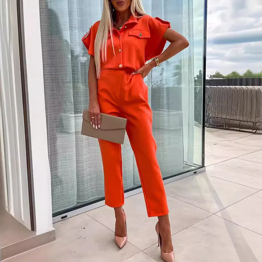 Summer New Casual Jumpsuit Women Rompers Pink Elegant Fashion Short Sleeves Pockets  Elastic Waist Trousers Jumpsuits Streetwear