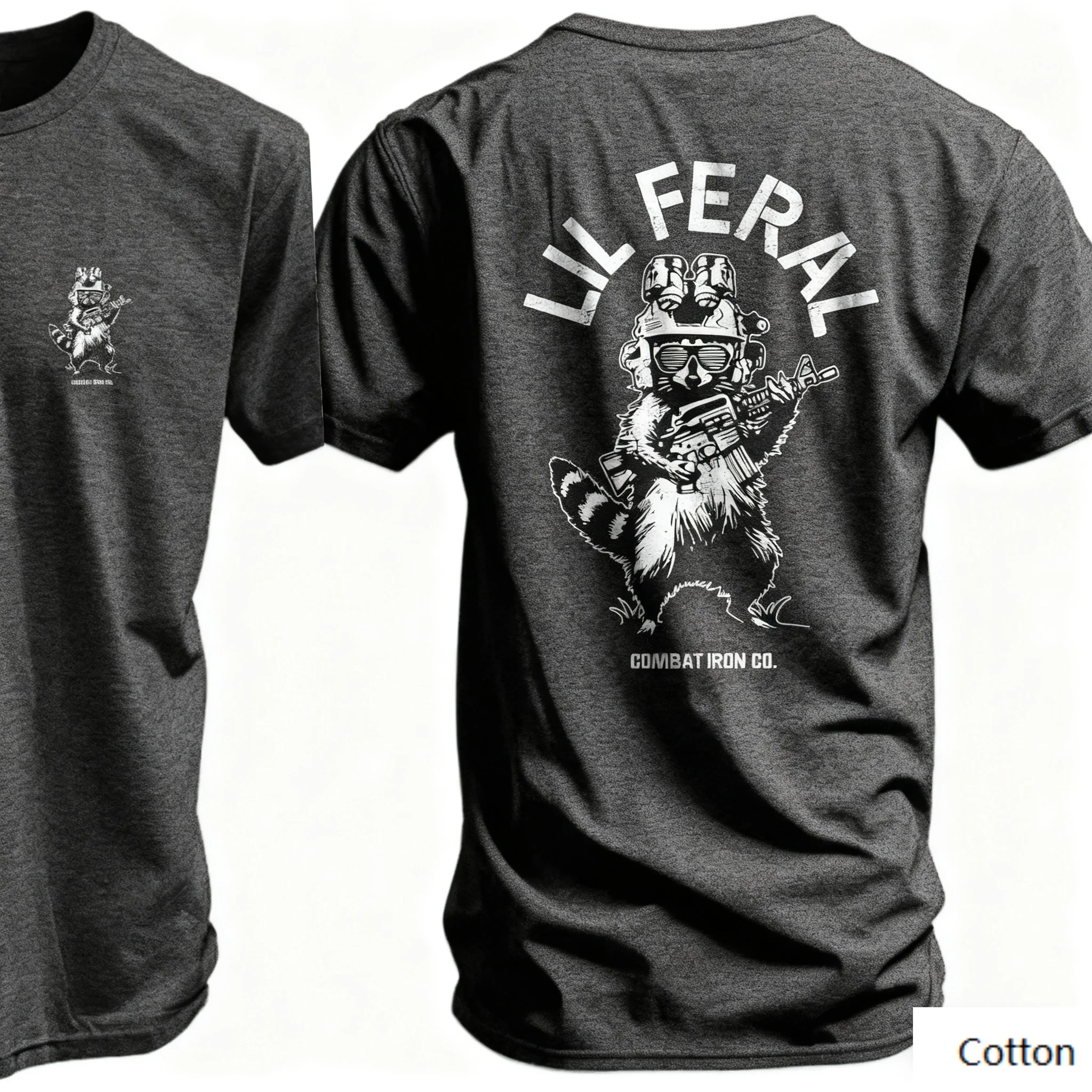 تي شيرت قطني برقبة دائرية "الراحة العسكرية": مع عين - طباعة اصطياد الراكون التكتيكي والعبارة "LIL FERAL"