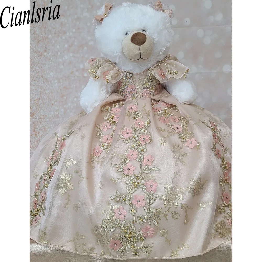 Champagne  3D Flower  For Personalized Quinceanera Teddy Bear Dress Bead Appliques Robe de bal Customized