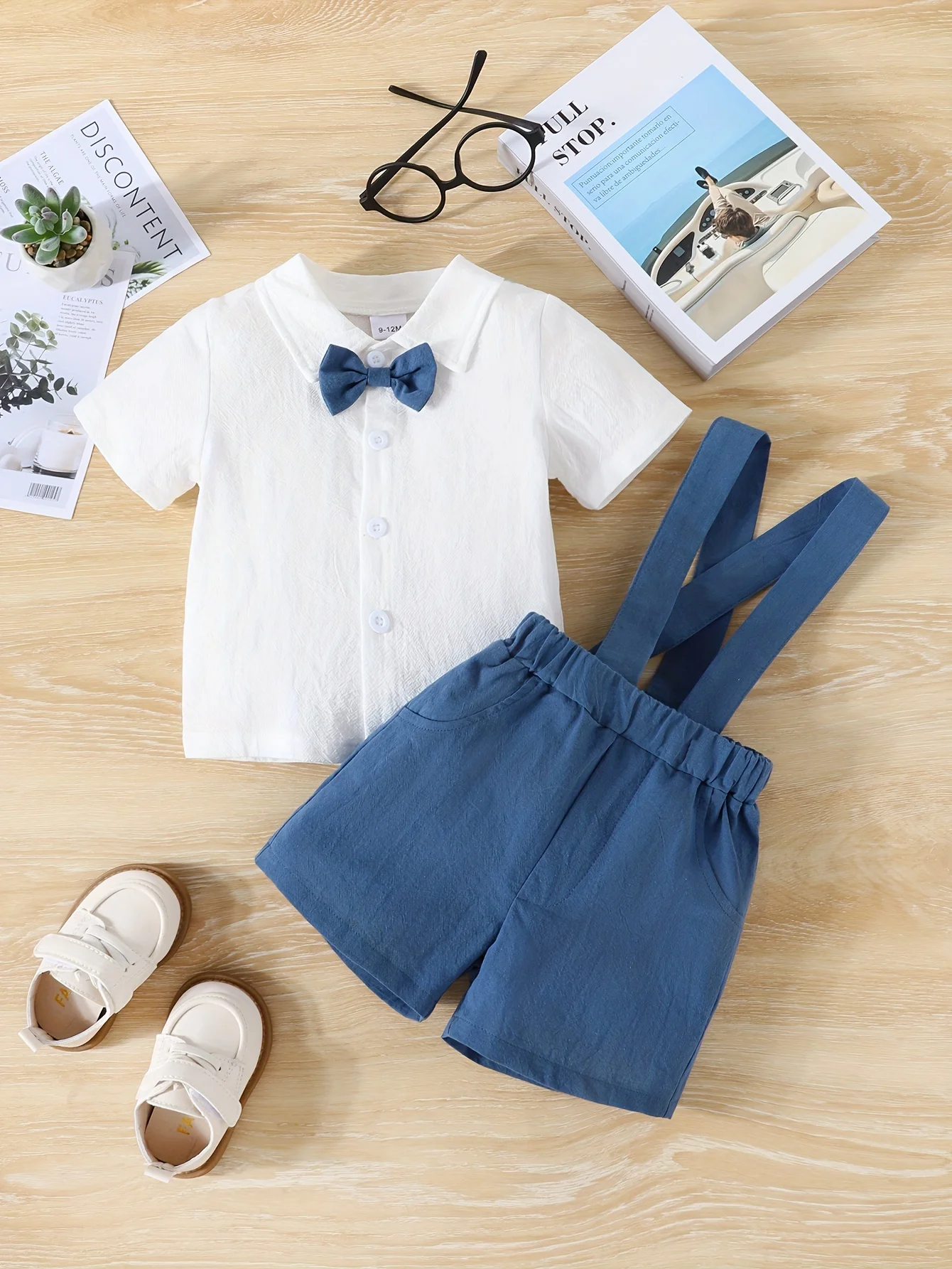 2 Piece Summer Baby Boy White Short Sleeve Bow Tie + Blue Back Strap Shorts Preppy Suit School Casual Show Suit Gentleman Suit