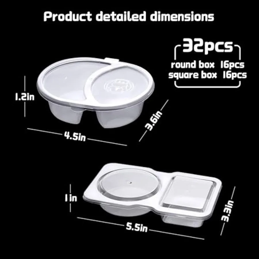 32 Sets Double Compartment Condiment Container Disposable 2 Compartment Snack Containers with Lids Reusable Plastic Double Cond