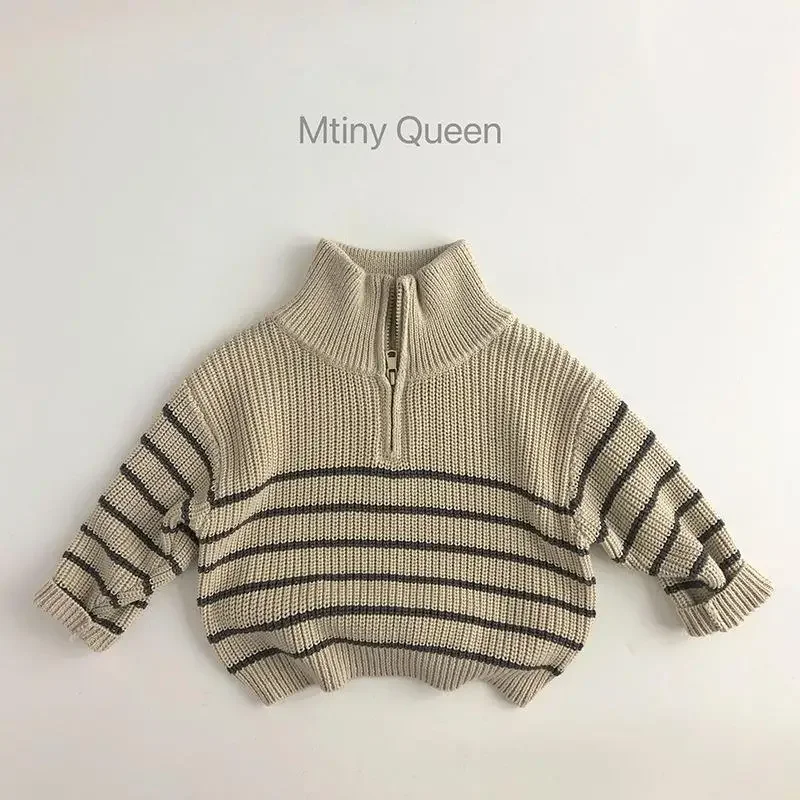 Boy Girl Sweater Autumn Winter New 2024 Striped Flip Collar Zipper Knitted Loose Coat Casual Simple Fashion Sweet Korean Active