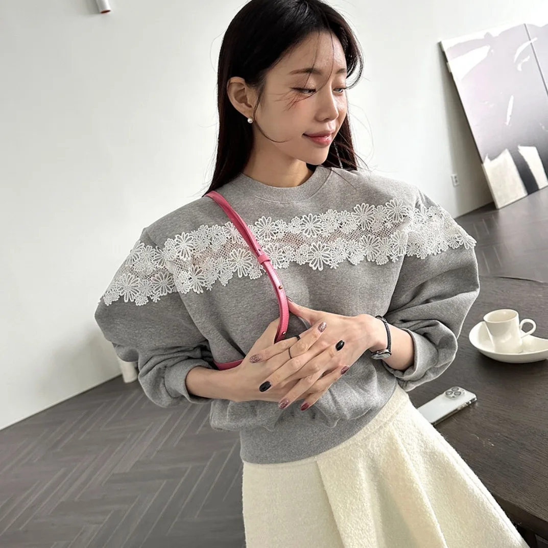 Crew-neck lace patchwork with velvet long-sleeved casual hoodie woman