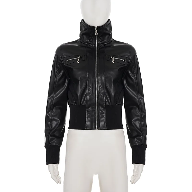 Krótka kurtka z PU z podkreśloną talią, w stylu motocyklowym, retro, łączona, uniwersalna odzież wierzchnia dla kobiet z wyczuciem mody, idealna na wiosnę i jesień.