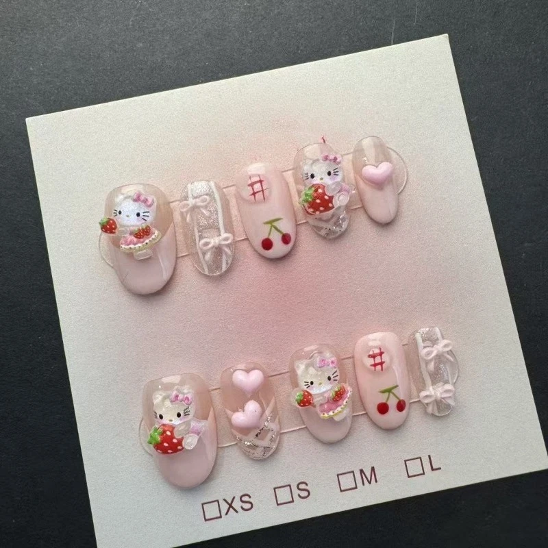 10 Uds. De uñas cortas bonitas de almendra hechas a mano con lazo rosa, fresa, Hello Kitty, uñas postizas acrílicas Kawaii para mujer