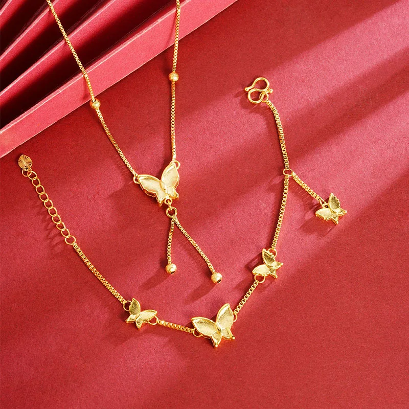 Luxury 24K 9999 Pure Gold real gold Women's Frosted Butterfly Necklace Bracelet suit