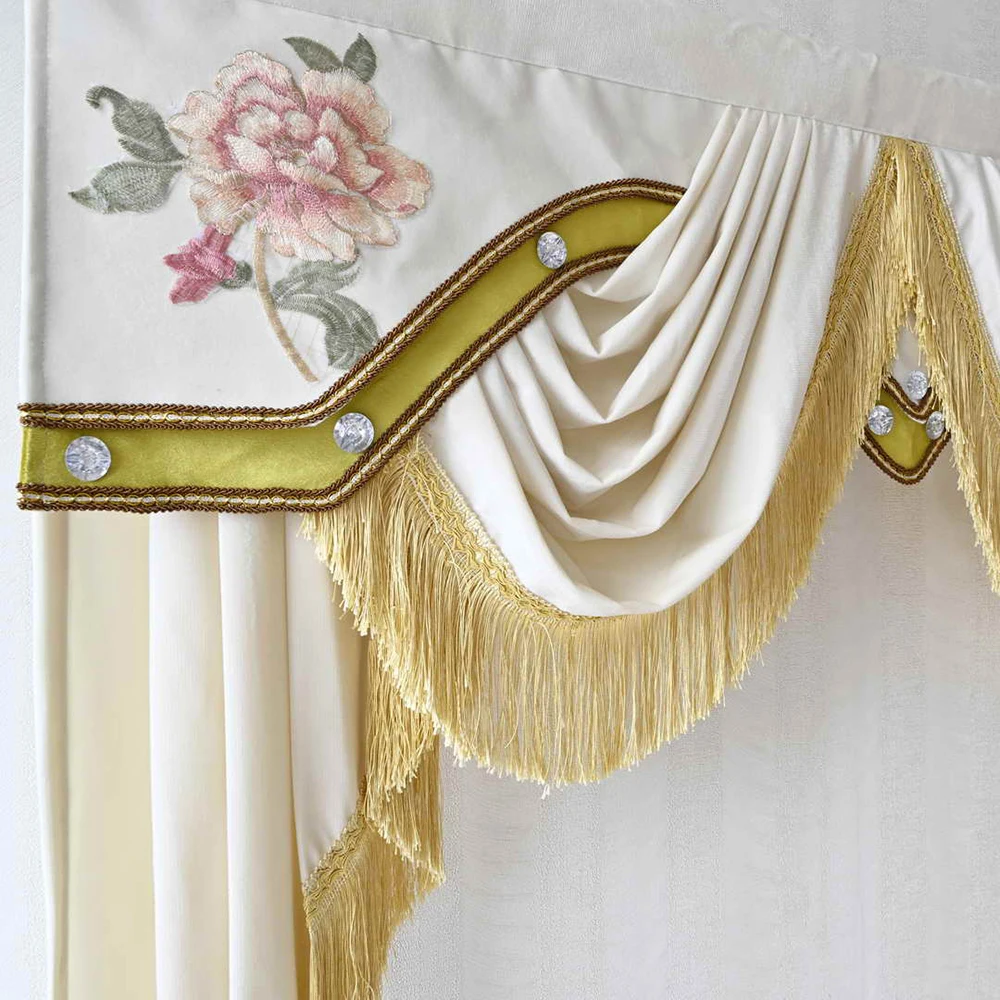 Beige Velvet Luxury European Swags Valance Curtain with Gold Tassels Drape for Living Room Bedroom Hotel Rod Pocket Window Decor