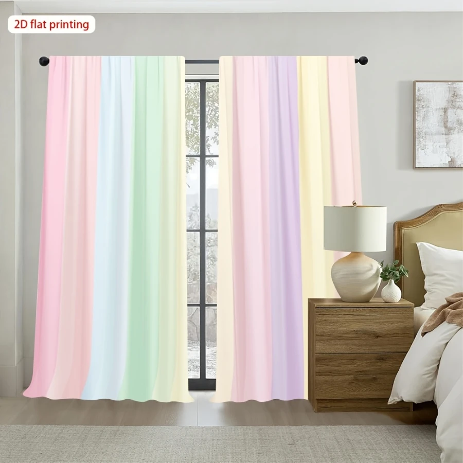 2PCS Digital Printed Curtains with Macaron Rainbow Design, Stylish Window Drapes for Living Room Bedroom Home Decoration